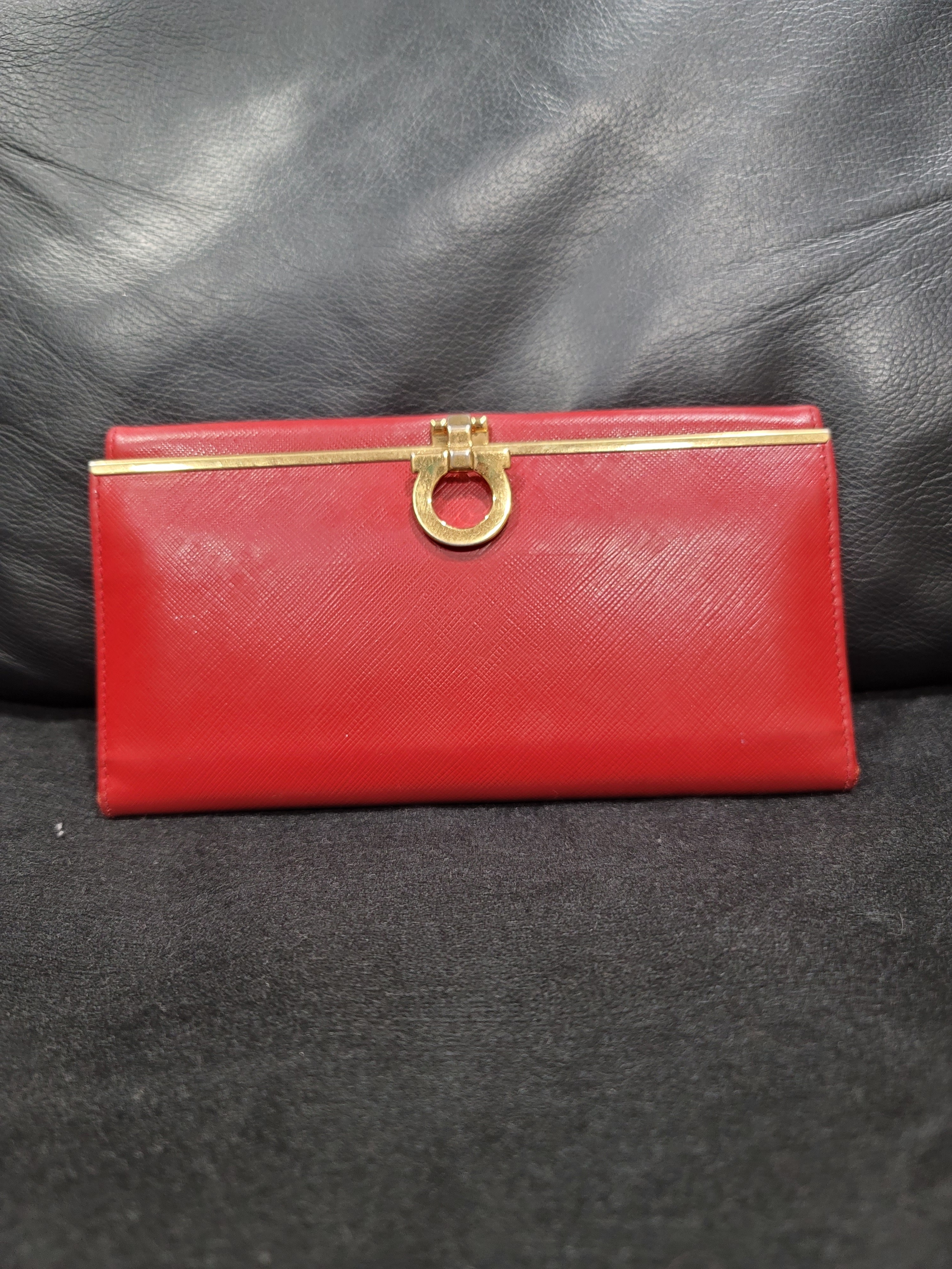 Savatore Ferragamo Vintage Red Leather Wallet Gold Hardware